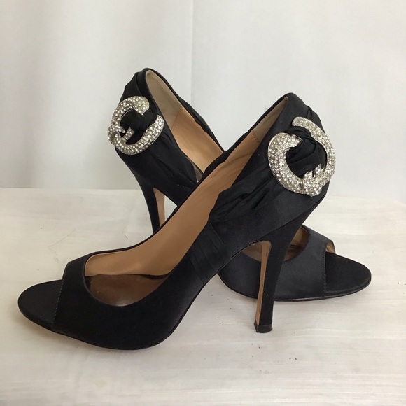 BADGLEY MISCHKA WOMEN ELEGANT BLACK SILK RHINESTONE BROACH OPEN TOE HEELS SZ 8M - Picture 2 of 7